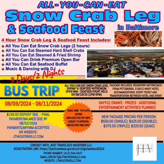 All-You-Can-Eat Snow Crab, Shrimp & Seafood Feast Baltimore (Premium Open Bar) 2024 Bus Trip - Pittsburgh, PA